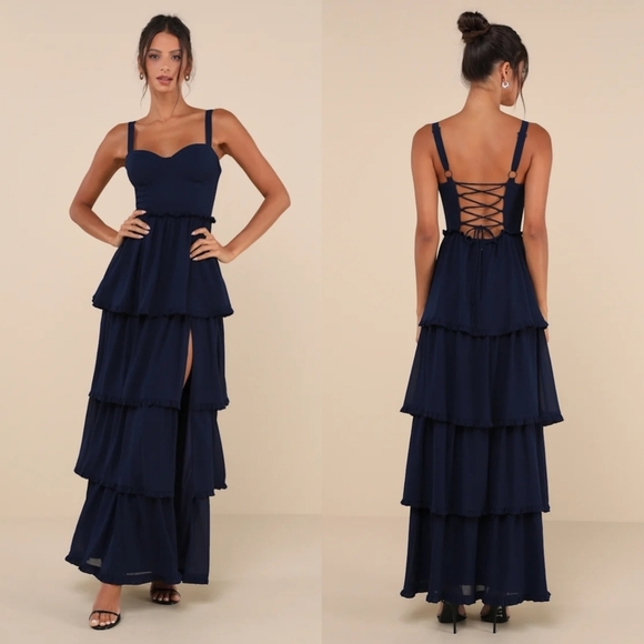 Lulus Sophisticated Occasion Navy Blue Bustier Lace-Up Maxi Dress Wedding - Picture 1 of 10